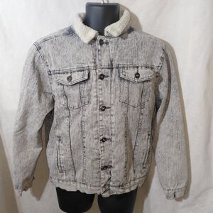 Brooklyn Cloth Sherpa Lined Jean Jacket Mens M Acid Gray Wash Y2K Vintage Look